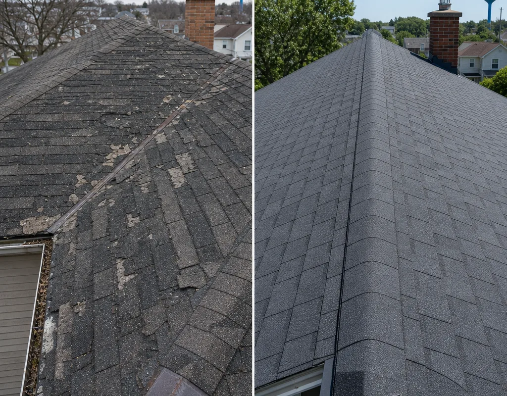 Before-and-after view of worn shingles replaced by a clean asphalt shingle roof on a Manitowoc home