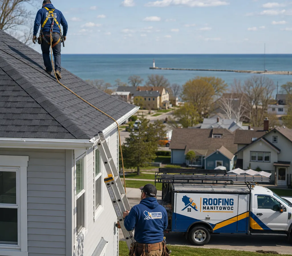 Roofing crew inspecting a residential roof in Manitowoc, Wisconsin with safety harnesses and a ladder