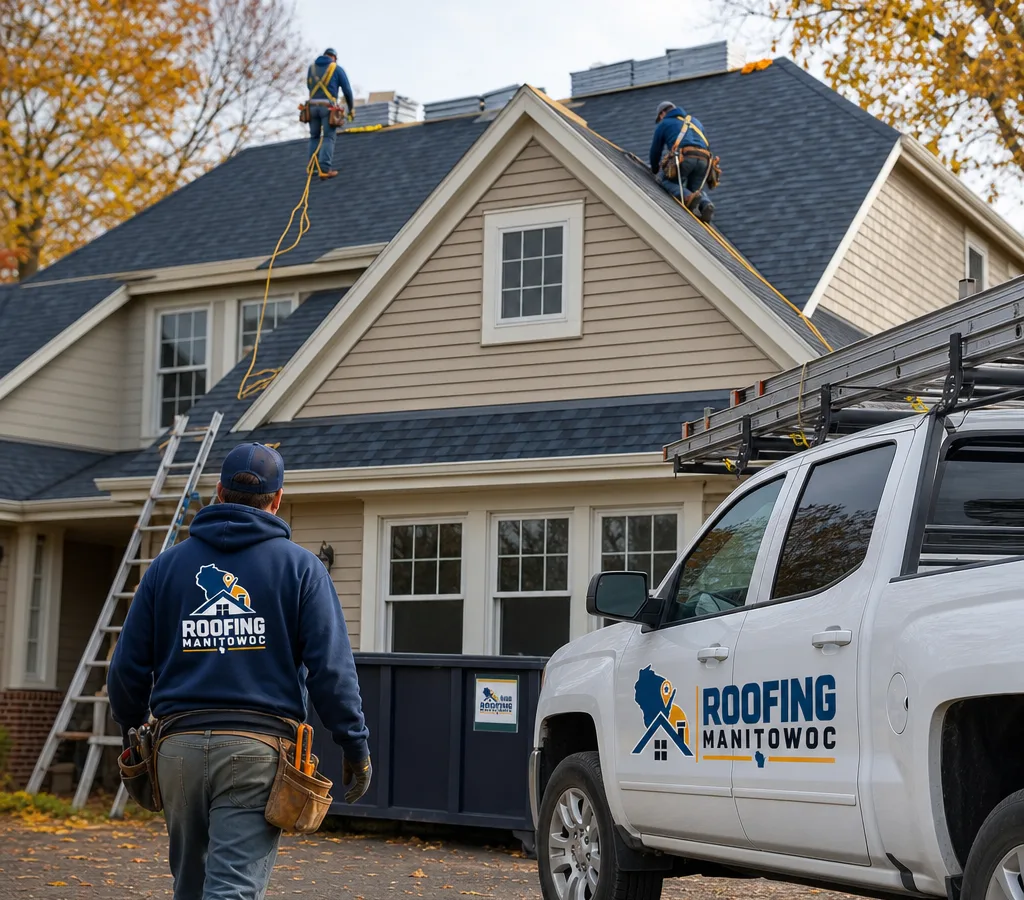 Roofing crew installing architectural asphalt shingles on a Manitowoc-area home