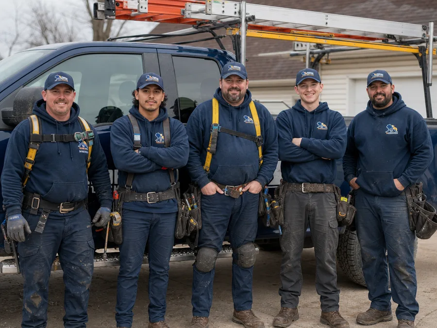 Roofing Manitowoc crew in safety gear with ladders and roofing tools staged neatly